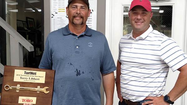 Terry Libbert (formerly) of Old Marsh Golf Club (left) was nominated by current superintendent Tony Nysse (right) and three of his predecessors. Photos by John Reitman
