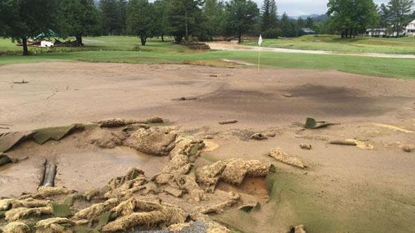 Floodwaters rolled up turf just days before a scheduled PGA Tour event in 2016 at The Old White Course at The Greenbrier.