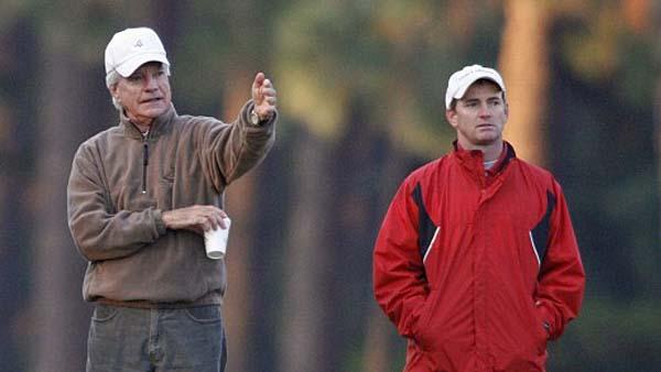 Golf course architect Bill Coore (left) discusses the restoration of Pinehurst No. 2 with Kevin Robinson.