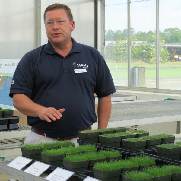 Syngenta's Todd Cooper discusses the benefits of Heritage Action fungicide during a recent product launch at the company's research facility in Vero Beach, Florida.
