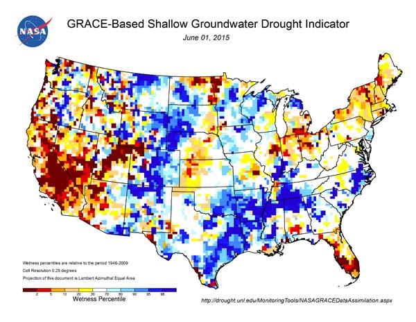Data supplied by the GRACE satellite system helps produce maps that show where groundwater has been lost. Blues indicate areas that are wet, while yellow, red and brown indicates areas that are dry. IMAGE FROM DROUGHT MITIGATION CENTER
