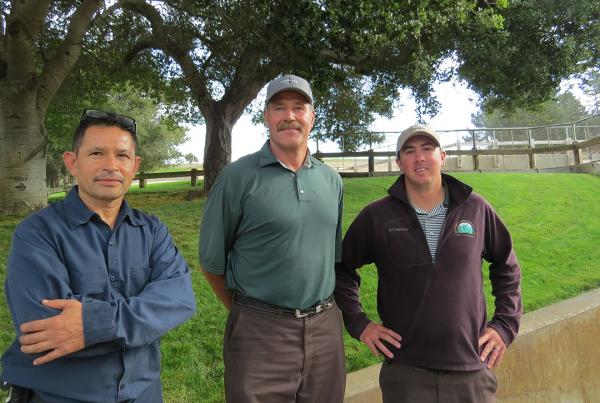 From left, equipment manager Hector Uribe, superintendent Tom Zoller and assistant Gavin Dickson share a common vision at Tehama Golf Club in Carmel, California.