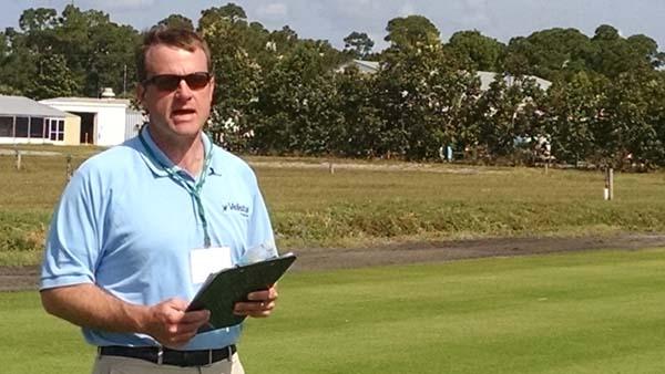 Syngenta technical specialist Lane Tredway, Ph.D., discusses some of the benefits of Velista fungicide during a recent field day event at the company's research facility in Vero Beach, Florida.