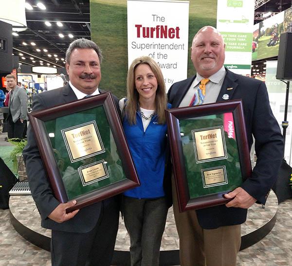 Stephanie Schwenke, turf market manager for Syngenta, presents Jorge Croda (left) and Rick Tegtmeier with the Superintendent of the Year award.
