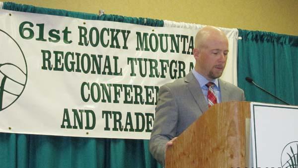 Rocky Mountain Regional Turfgrass Association president Dustin Huff speaks at the association's 2015 show in January.