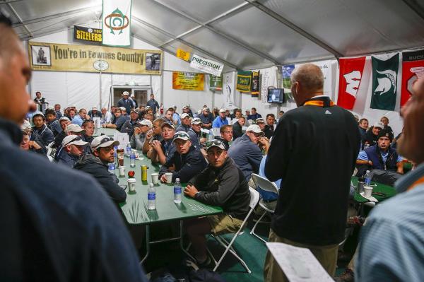 Oakmont superintendent John Zimmers addresses his crew and volunteers before a practice round for this year's U.S. Open.