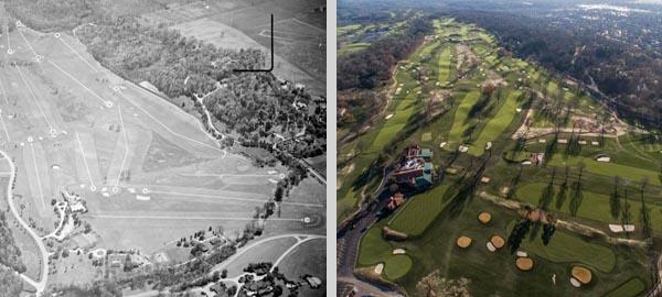 These two aerial images compare Moraine as it looked for the 1945 PGA Championship (left) and after the Keith Foster-led restoration. Photos courtesy of Dittoe Public Relations