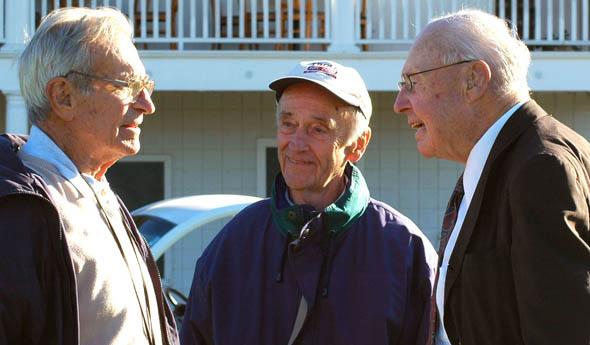 Sherwood Moore, CGCS, Joseph Troll, Ph.D., and golf course architect Geoffrey Cornish (left to right) share a moment during the inaugural 2004 Joseph Troll Turf Classic fundraiser golf tournament in 2004. Moore, a UMass alum, died in 2006 and Cornish passed away in 2012.