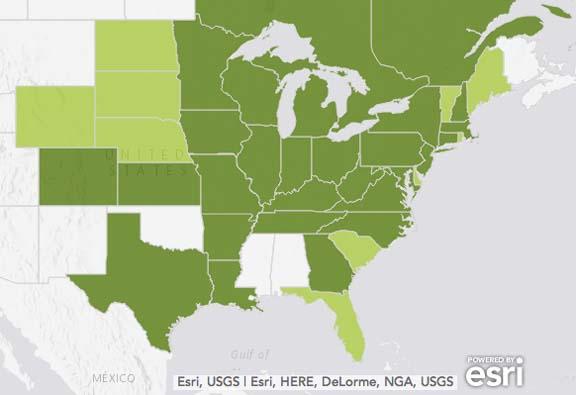 This map from the Web site EmeraldAshBorer.info indicates the current spread of EAB in North America.