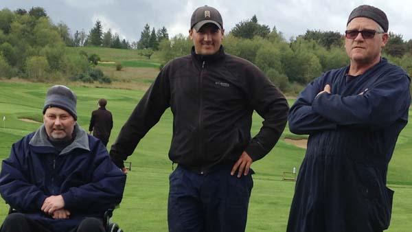 Paul Colleran, Sean Reehorn and Dean Owen, left to right, on Colleran's last visit to Aldarra Golf Club.