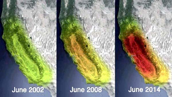 These images indicate a loss of groundwater in California from 2002 to 2014. IMAGE BY NASA JET PROPULSION LAB/UNIVERSITY OF CALIFORNIA, IRVINE
