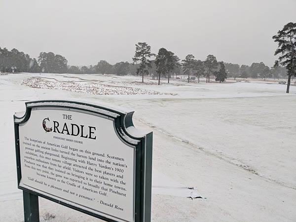 Snow is showing up in record amounts and at a lot of unlikely locations, including The Cradle at Pinehurst Resort. Photo by Pinehurst Resort via Twitter