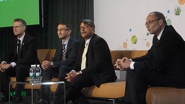 Nevin McDougall, Juergen Huff, Markus Heldt and Peter Eckes (left to right) of BASF discuss sustainability at the this year's Agricultural Solutions Media Summit in Durham, North Carolina.