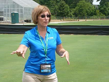 Renee Keese, Ph.D., of BASF discusses dollar spot trial results for Lexicon Intrinsic and Xzemplar fungicides at the corporation's Holly Springs research farm.