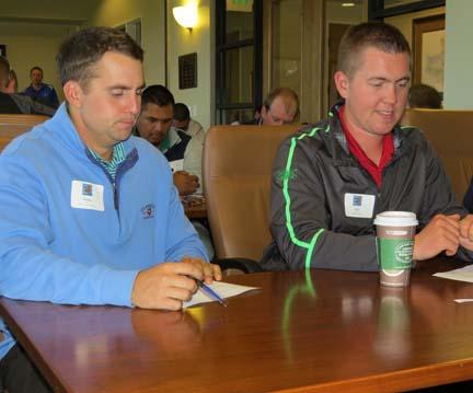 Parker Ray, left, of Pebble Beach Golf Links and Nick Pittorf of Cypress Point Club listen in during the recent bootcamp.