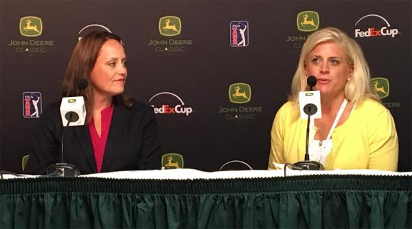 First Tee vice president Jennifer Weiler, left, and Mara Downing of the John Deere Foundation discuss how to bring more girls into golf.. Photos by WVIK