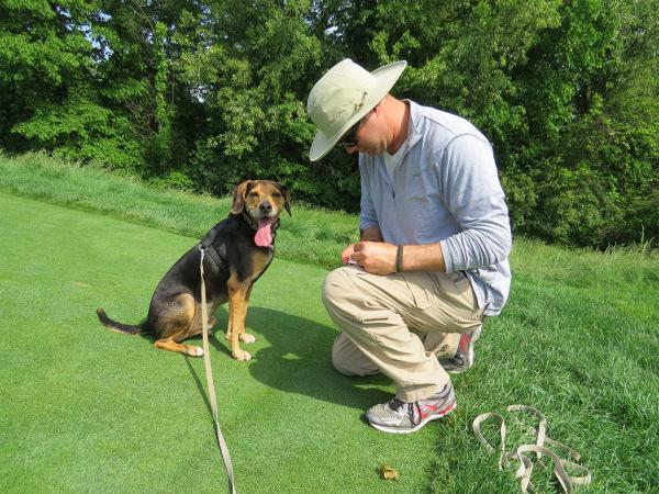 Jason Webeck of Scentworx and Carl the weevil-sniffing dog get in some work at Oakmont prior to the U.S. Open. Photo by John Reitman