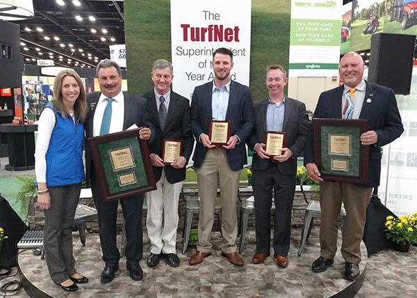 Syngenta turf market manager Stephanie Schwenke with the five Superintendent of the Year finalists: Jorge Croda, Mark Hoban, Chris Ortmeier, Josh Pope and Rick Tegtmeier.